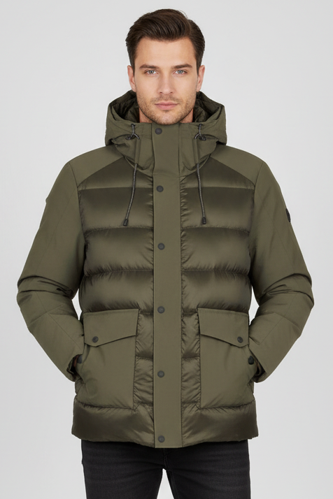 Giubbotto uomo impermeabile People of Shibuya, imbottito verde militare con cappuccio, moda uomo, giacca invernale robusta.