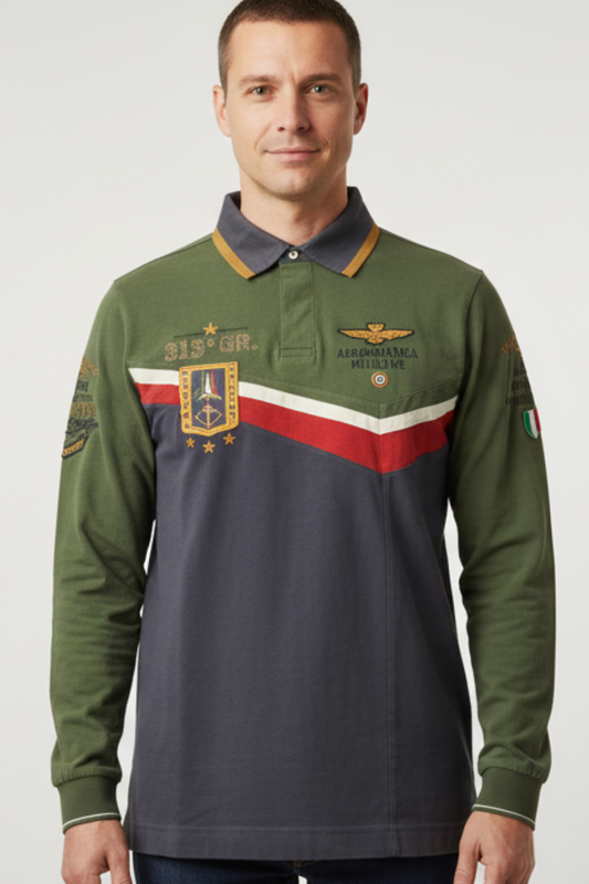 Polo uomo Aeronautica Militare Blu e verde maniche lunghe. Indossata