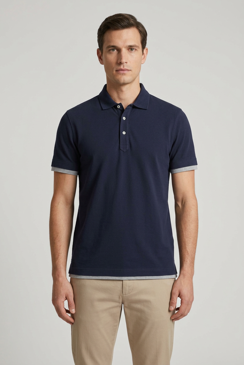 Polo Brunello Cucinelli blu notte con dettagli grigi a contrasto.
Un blu profondo, una linea essenziale e dettagli che fanno la differenza: la polo da uomo Brunello Cucinelli MTS53966 interpreta il guardaroba casual con un'eleganza discreta. Indossata fronte.
