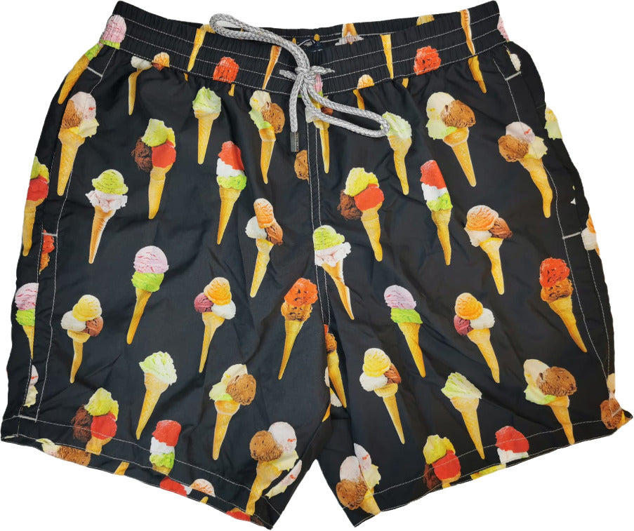 Boxer uomo Portofino 1962 fantasia cono gelato nero, costume da bagno sportivo e casual, stile estivo e comodo.