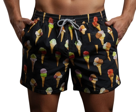 Boxer da uomo Portofino 1962 con fantasia cono gelato nero, ideale per sport acquatici e attività ricreative all'aperto.