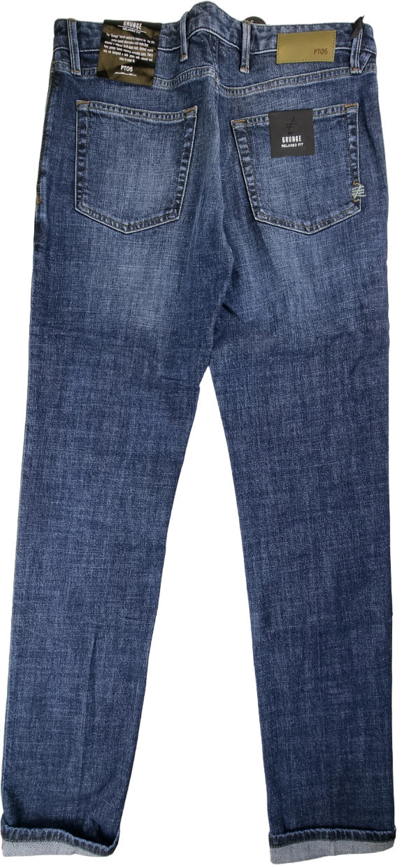 Jeans uomo PT 05 in denim grunge relaxed fit con tasca a filo, vestibilità comoda e stile casual.
