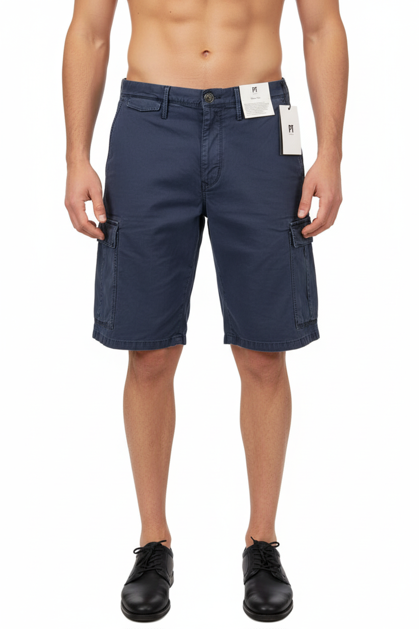 Bermuda uomo PT Torino cargo vintage blu, pantaloncini moda uomo con tasche laterali in denim scuro.