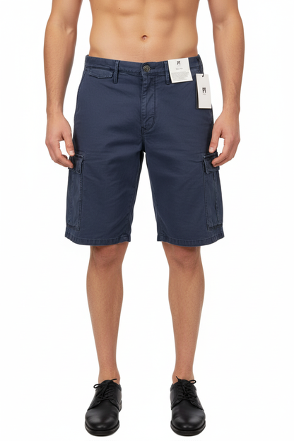 Bermuda uomo PT Torino cargo vintage blu, pantaloncini moda uomo con tasche laterali in denim scuro.