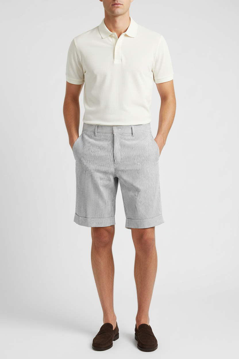 Bermuda uomo PT Torino righe colore bianco e denim, pantaloncini moda uomo in tessuto leggero.