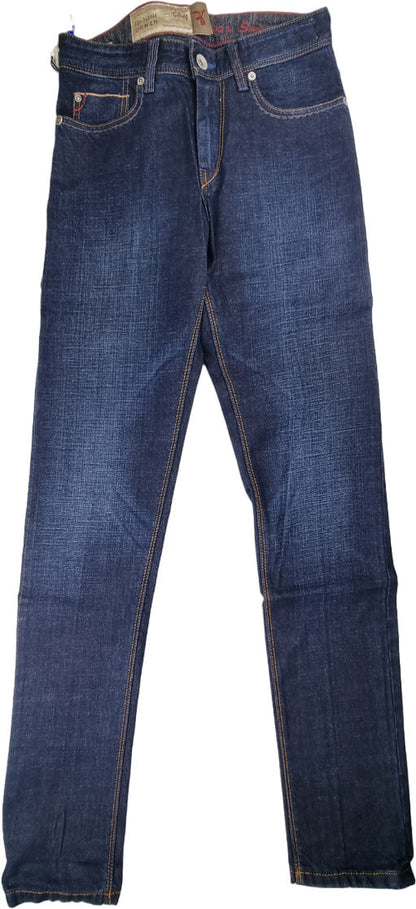 Jeans da uomo Re-Hash in denim scuro, vestibilità classica, dettaglio cuciture e tasche, abbigliamento casual uomo.