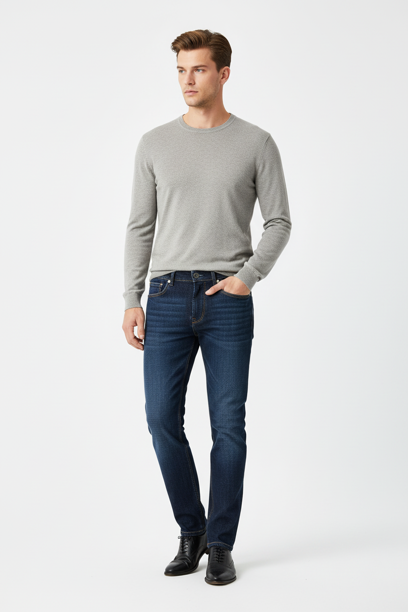 Jeans uomo Re-Hash in denim scuro, pantaloni casual in stile moderno, dettaglio tessuto e vestibilità.
