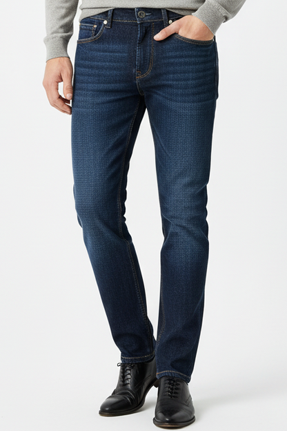 Jeans uomo Re-Hash in denim scuro, modello casual con tasche anteriori e posteriori, vestibilità classica, abbigliamento uomo.