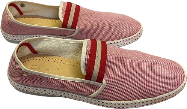 Scarpa uomo Rivieras College Berkeley in espadrillas bianco e rosso con strisce, mocassino casual in stile loafer.