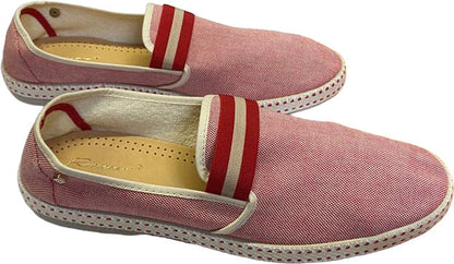 Scarpa uomo Rivieras College Berkeley in espadrillas bianco e rosso con strisce, mocassino casual in stile loafer.