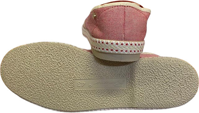 Scarpa uomo Rivieras Espadrillas College Berkeley bianco e rosso con strisce, mocassino casual in tessuto.