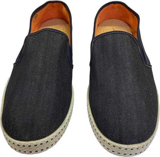 Scarpa uomo Rivieras espadrillas blu scuro in jeans, mocassino casual con suola in corda, stile moda uomo.