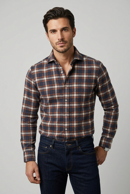 Camicia uomo Borriello - blu marrone e Bianco fantasia tartan