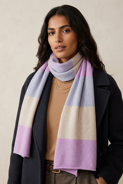 Sciarpa donna Riviera in puro cashmere lilla/beige/corda/azzurro