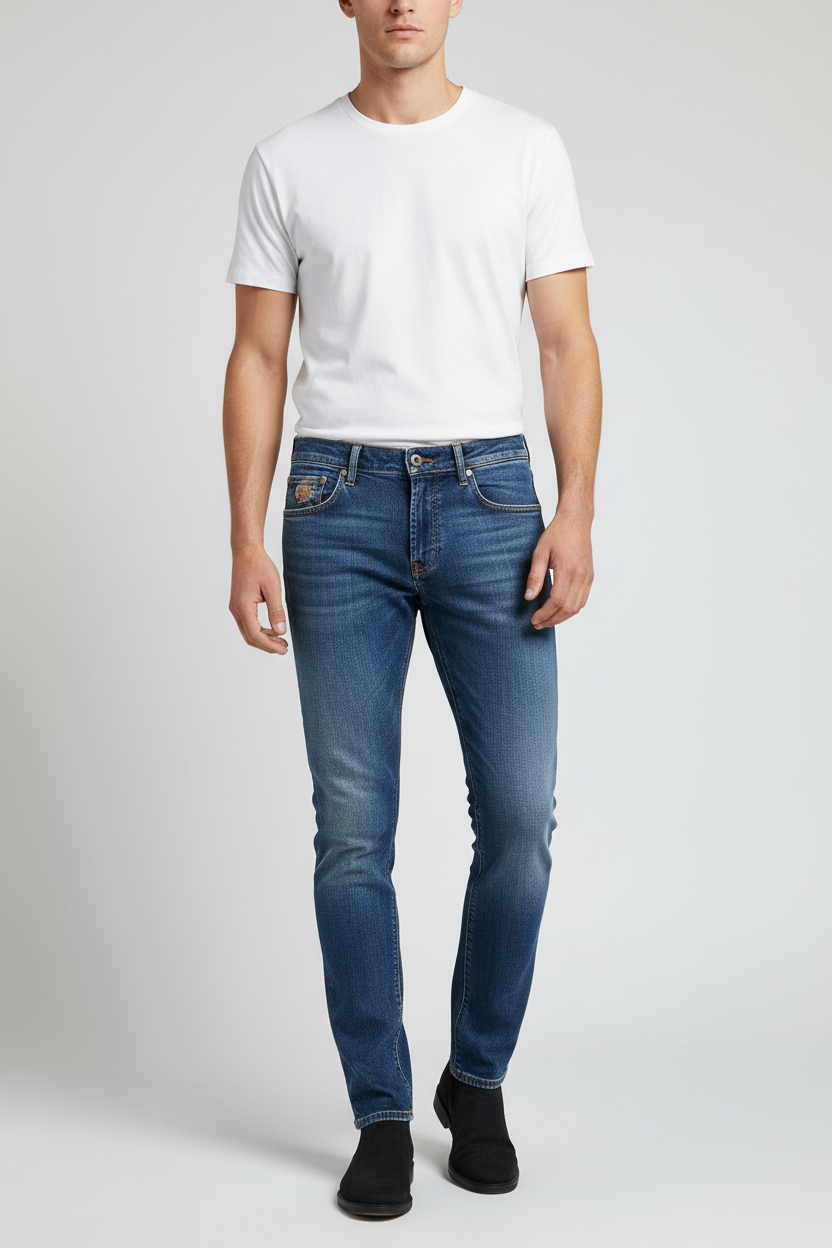 Jeans uomo Roy Roger's Elias Superior Slim Fit in denim blu con cinque tasche, moda uomo abbigliamento casual.
