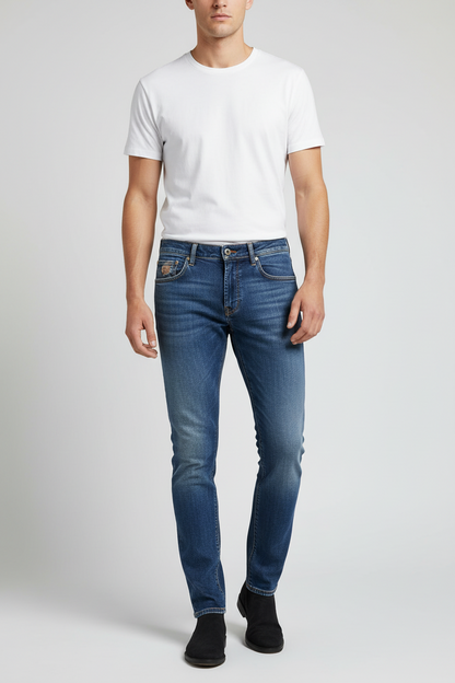 Jeans uomo Roy Roger's Elias Superior Slim Fit in denim blu con cinque tasche, moda uomo abbigliamento casual.