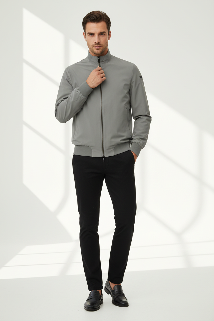 Giubbino uomo RRD in tessuto grigio, moda uomo, giacca casual con zip e tasche frontali.
