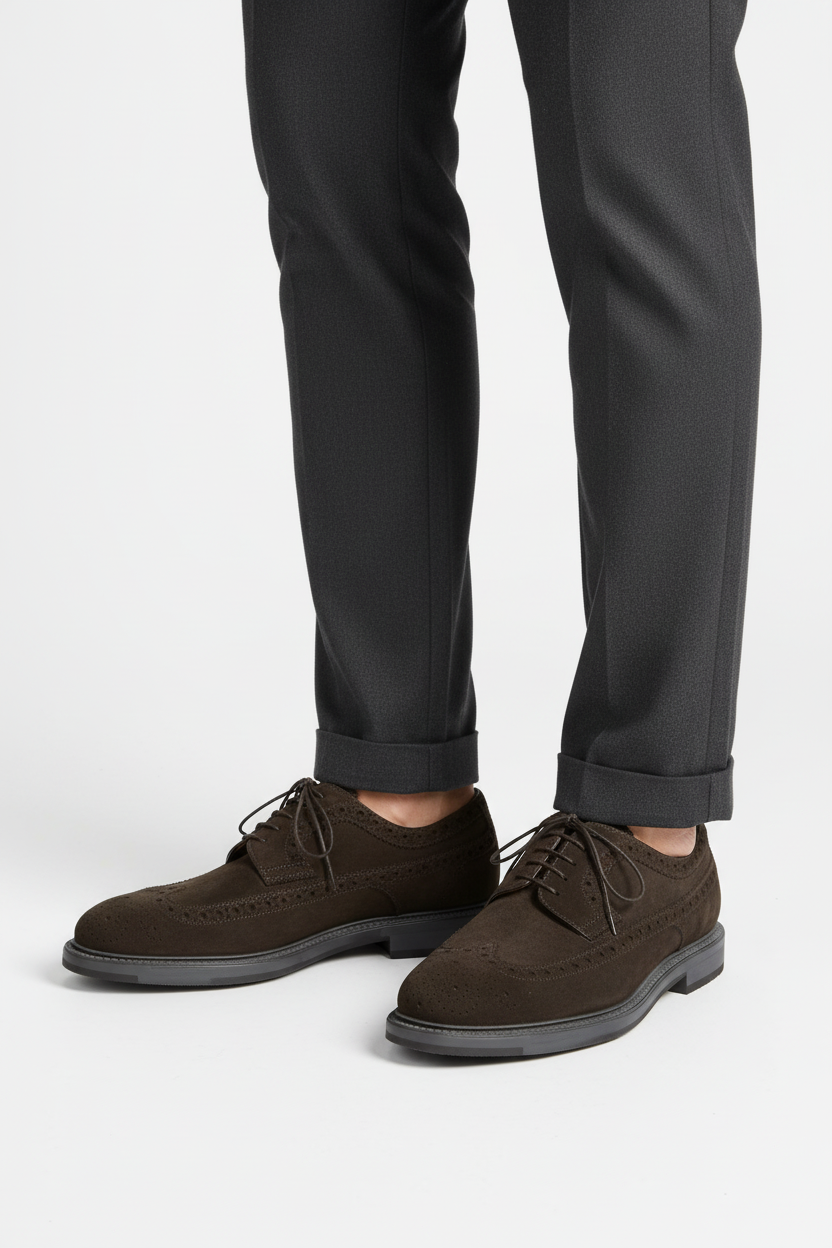Scarpa da uomo Santoni Derby Brogue Rondine in pelle marrone, stile elegante e classico con dettagli perforati.