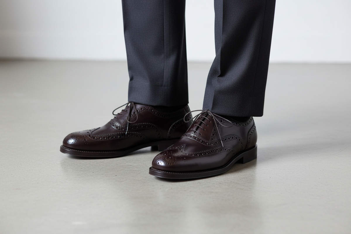 Scarpa uomo Santoni Oxford Brogue in pelle testa di moro, scarpa derby stile rondine per moda uomo elegante.