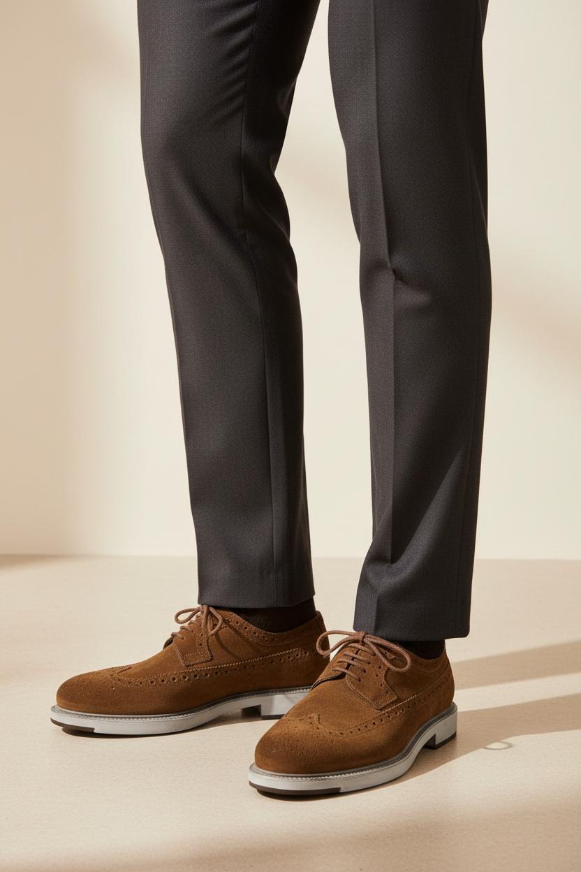Scarpa uomo Santoni Derby Brogue Rondine in scamosciato, modello elegante con dettagli perforati, in colore neutro.