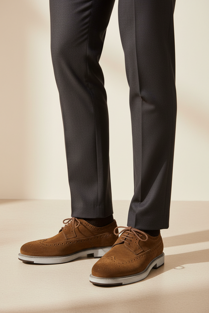 Scarpa uomo Santoni Derby Brogue Rondine in scamosciato, modello elegante con dettagli perforati, in colore neutro.