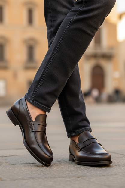 Scarpa uomo Santoni mocassino penny in pelle testa di moro, elegante e raffinato, con design classico e finiture di alta qualità