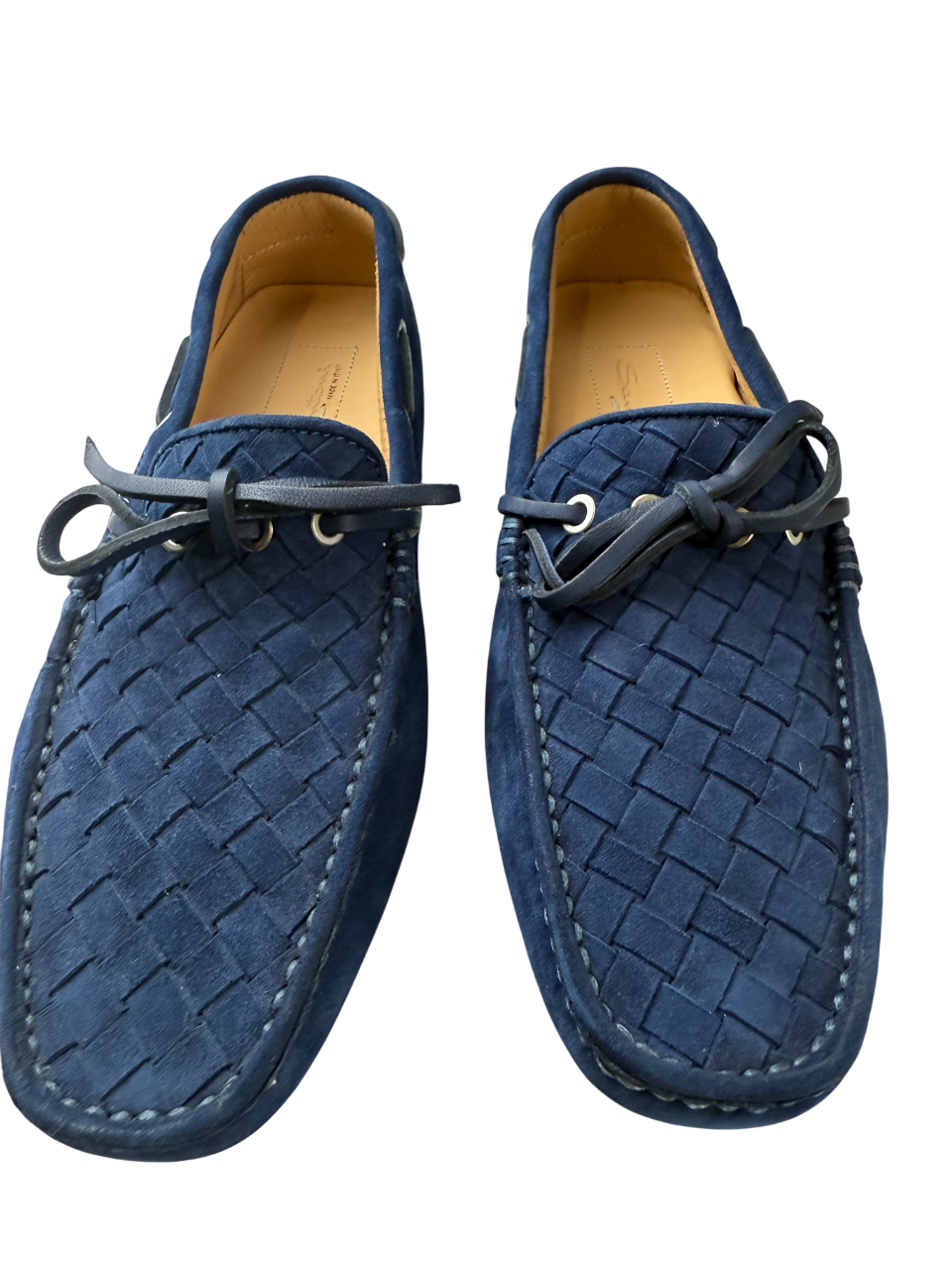 Scarpa uomo Santoni mocassino blu in pelle, stile loafer, con suola in gomma e dettagli eleganti, vista laterale.