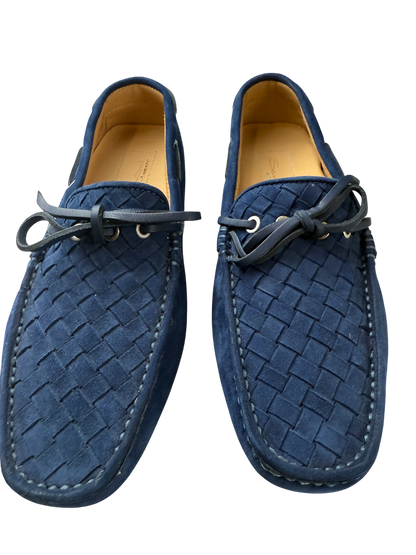 Scarpa uomo Santoni mocassino blu in pelle, stile loafer, con suola in gomma e dettagli eleganti, vista laterale.