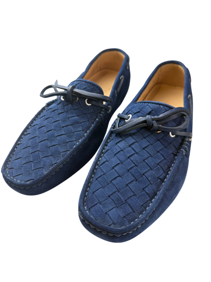 Scarpa uomo Santoni mocassino blu in pelle, stile moda con design elegante e dettagli raffinati.
