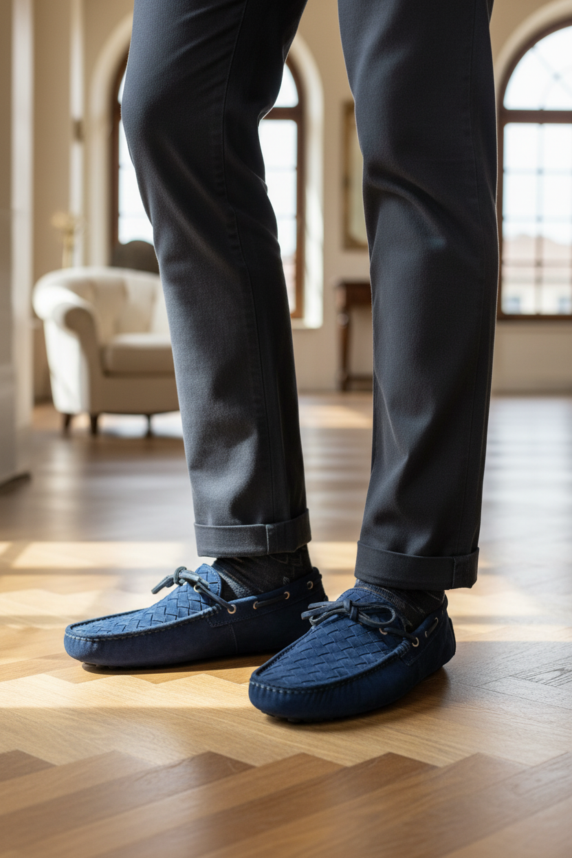 Scarpa uomo Santoni mocassino blu in pelle con finiture eleganti, ideale per look sofisticati e casual.