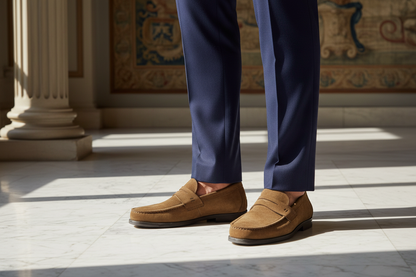 Mocassino scamosciato uomo Santoni, scarpa elegante con finitura morbida, modello loafer, in colore neutro.