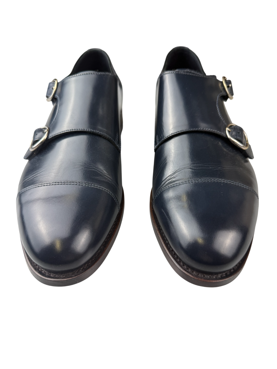 Scarpa uomo Santoni Monk Strap in pelle blu con doppia fibbia e punta cap toe, stile elegante e sofisticato.