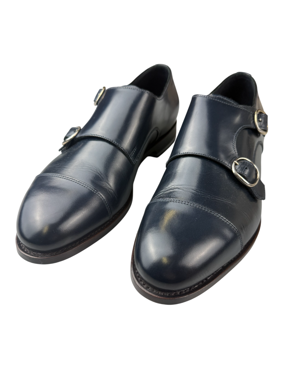 Scarpa uomo Santoni Monk Strap blu con doppia fibbia e punta cap toe in pelle, stile moda uomo elegante.