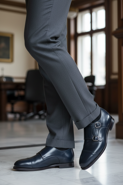 Scarpa uomo Santoni Monk Strap in pelle blu con doppia fibbia e punta cap toe, elegante e di alta qualità.