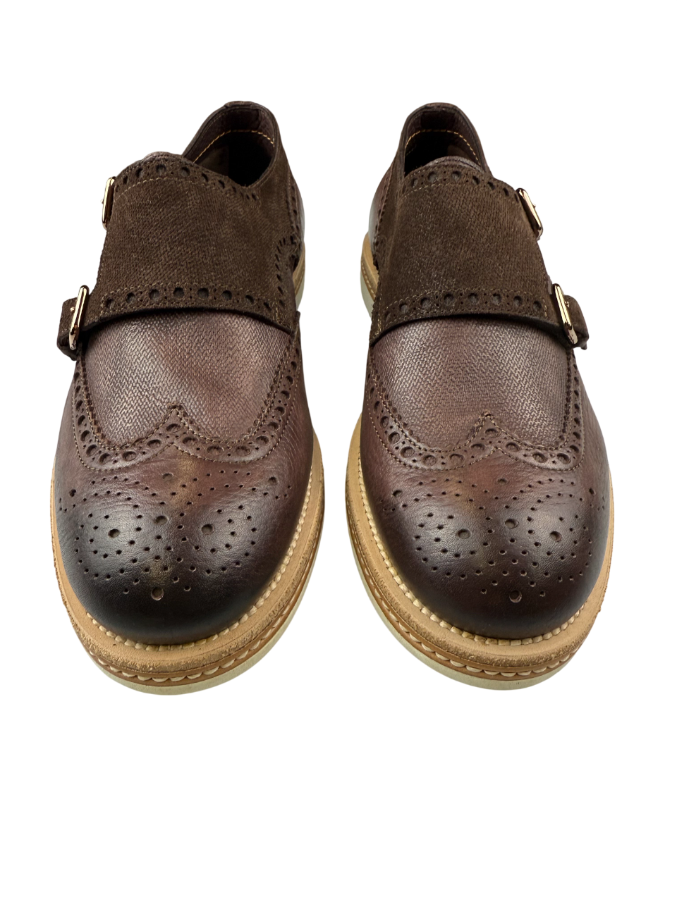 Scarpe uomo Santoni con doppia fibbia, stile brogue in pelle e scamosciata colore testa di moro, dettagli eleganti e raffinati.