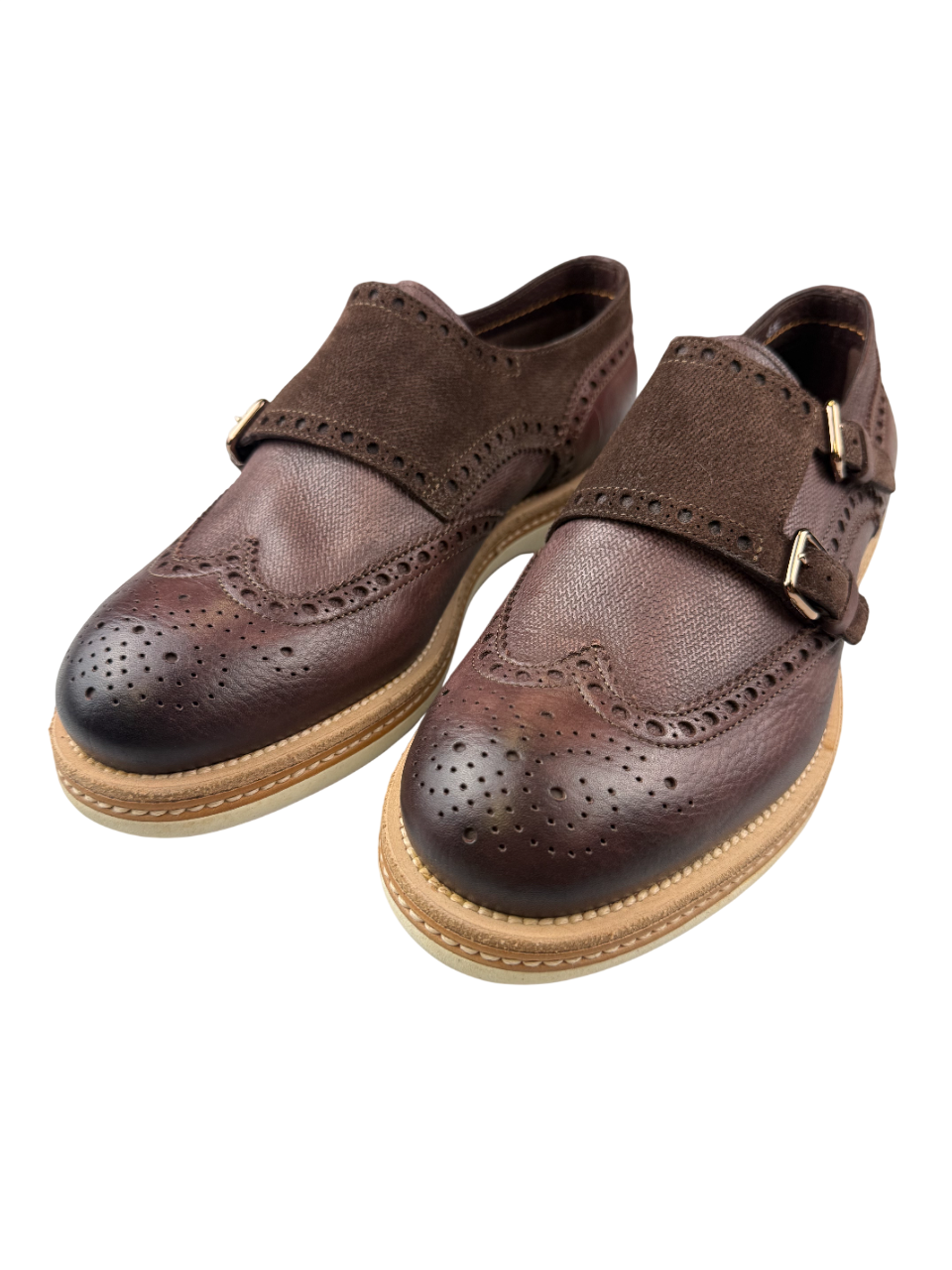 Scarpe uomo Santoni doppia fibbia Brogue in pelle e scamosciato colore testa di moro, stile moda uomo.