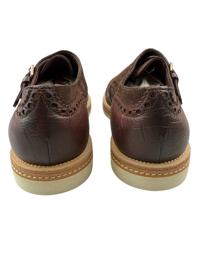 Scarpe uomo Santoni doppia fibbia brogue in pelle e scamosciata colore testa di moro, stile elegante e sofisticato.