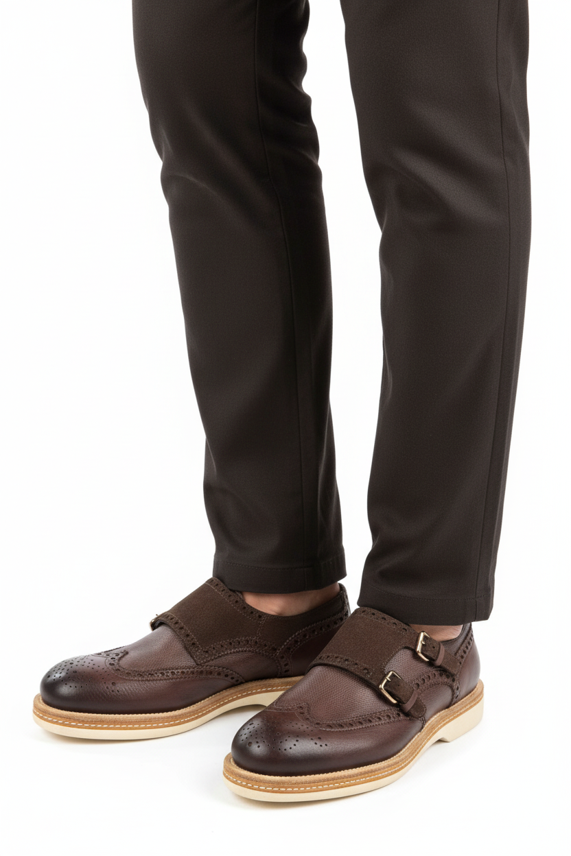 Scarpe uomo Santoni doppia fibbia Brogue in pelle e scamosciata colore testa di moro, moda uomo elegante.