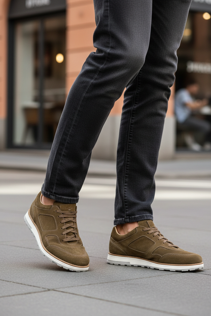 Scarpa uomo Santoni sneaker casual in scamosciato blu con suola in gomma bianca, stile sportivo e moderno.