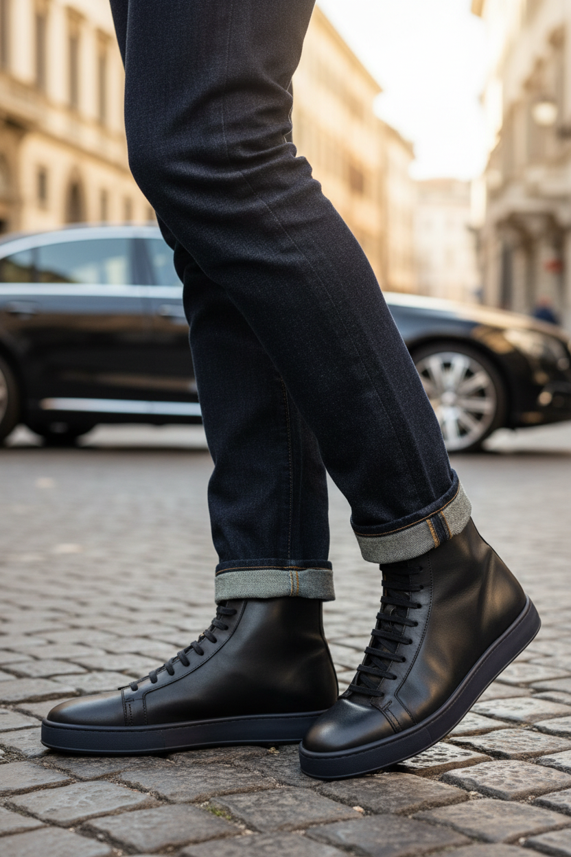 Scarpa uomo Santoni sneaker casual in pelle nera, con design elegante e dettagli classici.