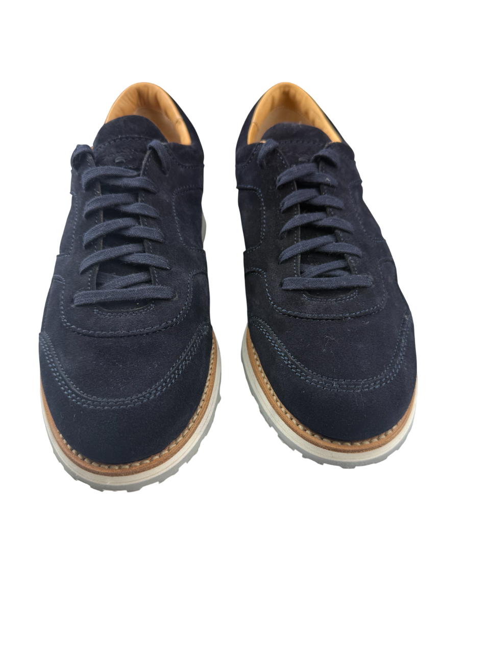Scarpa uomo Santoni sneaker casual scamosciata blu navy con suola in gomma bianca, stile elegante e sportivo