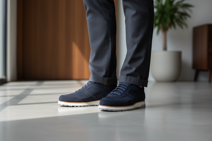 Scarpa uomo Santoni sneaker casual in scamosciato blu navy con suola in gomma bianca, perfetta per look sportivi e casual.