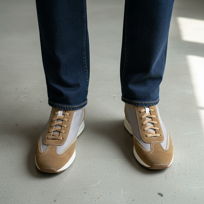 Scarpa sneaker casual da uomo Santoni in pelle color cammello, con dettagli eleganti e suola in gomma, stile moda uomo.
