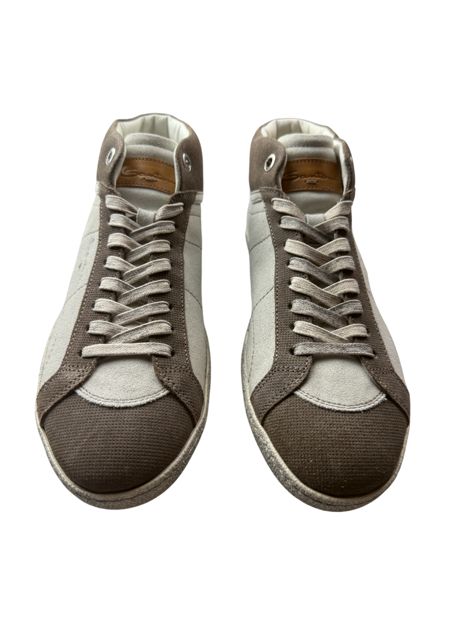 Scarpa sneakers uomo Santoni alte in pelle marrone beige, stile casual e moda, con dettagli eleganti e suola bianca.