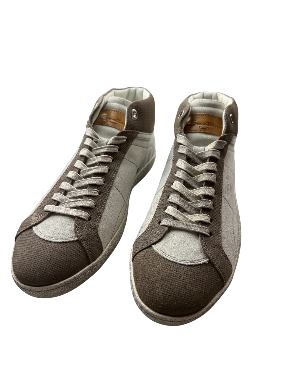 Scarpa uomo Santoni sneaker alta marrone beige, modella casual con suola bianca e design elegante.