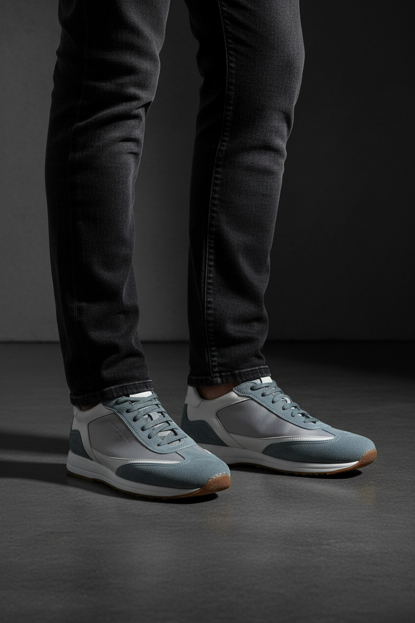 Scarpa uomo Santoni sneaker casual in pelle bianca con dettagli in blu e suola in gomma, vista laterale.