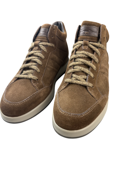 Scarpa uomo Santoni sneaker alta in stile casual, in pelle nera con dettagli eleganti e suola bianca.