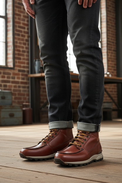 Scarpa uomo Santoni, scarponcino stringato in pelle, stile moda uomo, stivali eleganti in pelle naturale, vista frontale.