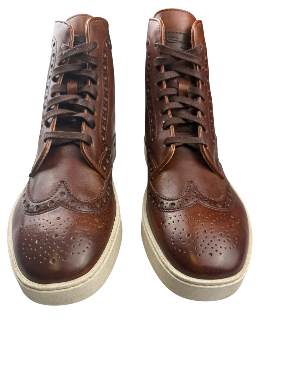Scarpa uomo Santoni, stivaletto stringato brogue in pelle marrone, stile elegante e classico, ideale per look sofisticati.