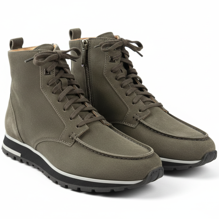 Scarpa uomo Santoni con scarponcino scamosciato grigio, stile modaiolo, Made in Italy, mostra la tomaia e il design elegante.